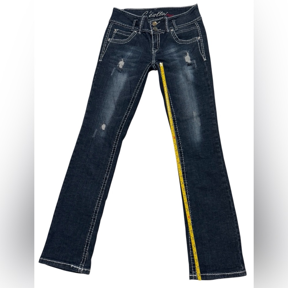 Blue Flare Wide Leg Jeans with Distressed Details
